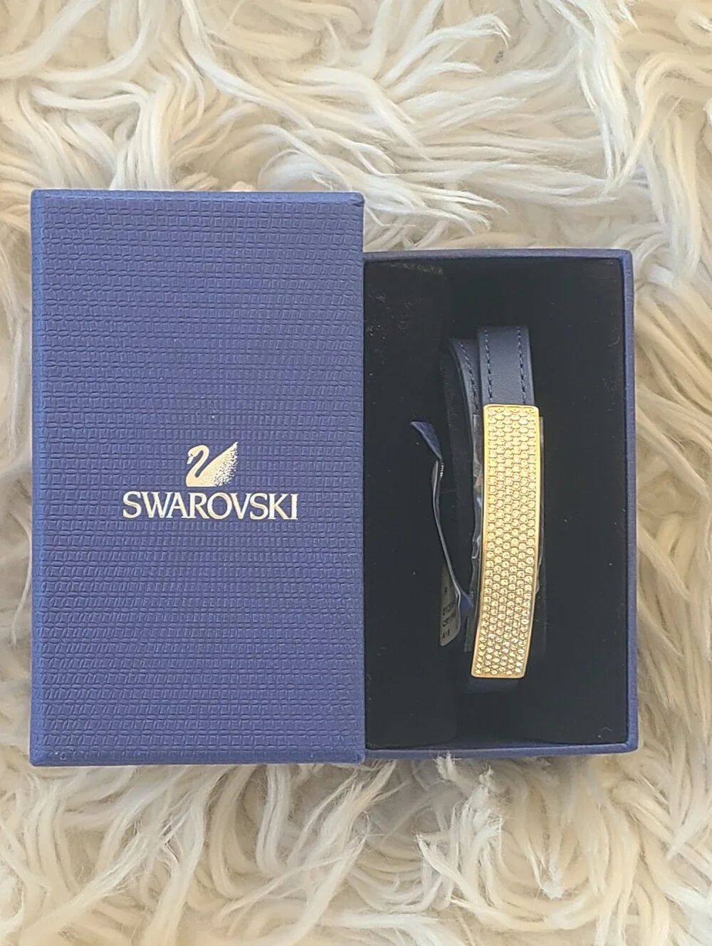 Swarovski Vio Navy Leather Bracelet Double Wrap Gold Plated 5120752-Like New
